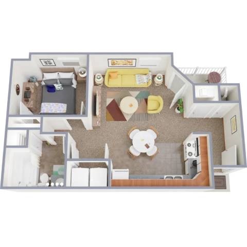A floor plan of a small apartment with a kitchen, living room, and bathroom.
